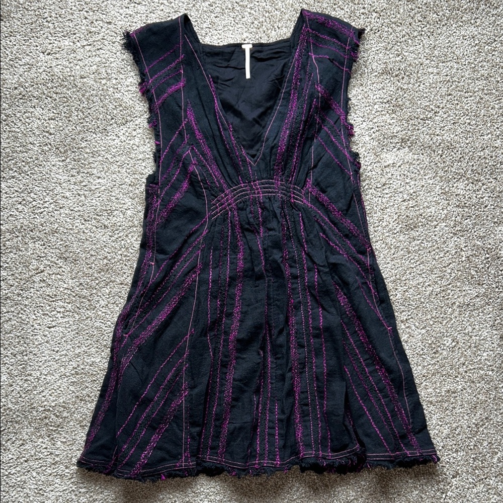 Free People Dress Boho Burlap Raw Flowy Frayed Plunge - Picture 10 of 11